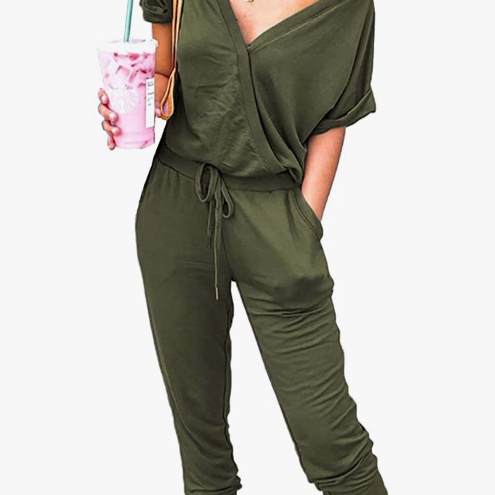 OLIVE GREEN Surplice plunge neckline Jumpsuit💋